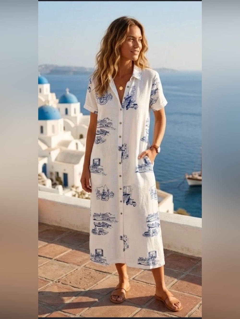 C&C California Linen Blend Italian City Print Maxi Shirt Dress XS